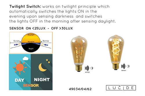Lucide ST64 TWILIGHT SENSOR - Filament bulb - Ø 6,4 cm - LED - E27 - 1x4W 2200K - Day/Night Sensor - Amber - detail 9